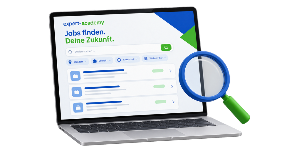 Laptop mit einer aufgeräumten Jobsuche und Lupe