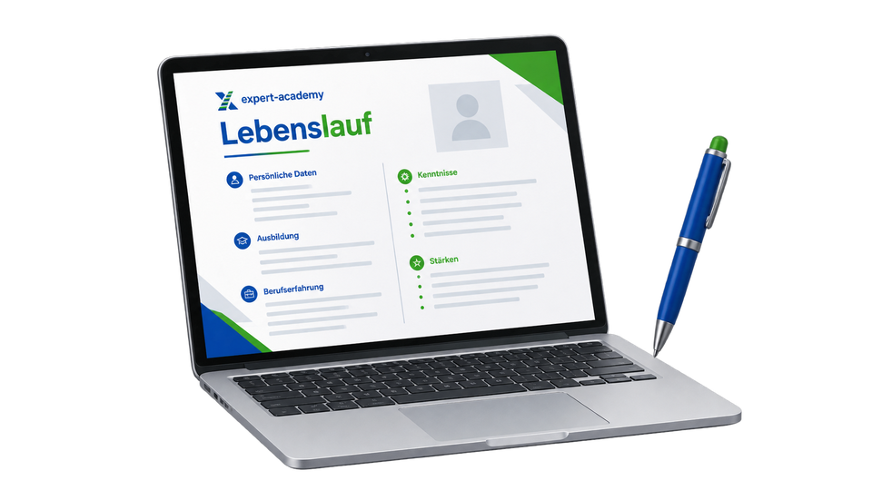 Laptop mit einer Lebenslauf-Vorlage zum Ausfüllen und Stift