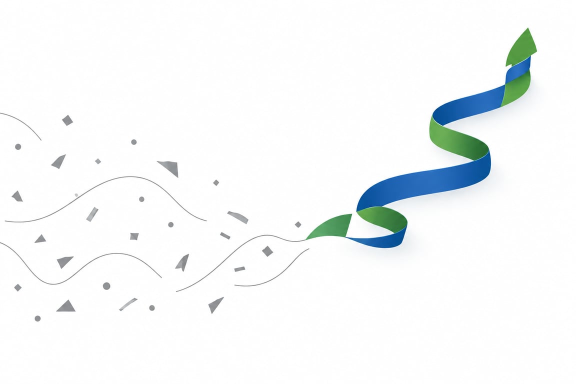 Abstrakte Illustration: ein unterbrochener Weg wird von einem blau-grünen Band neu verbunden und führt nach oben