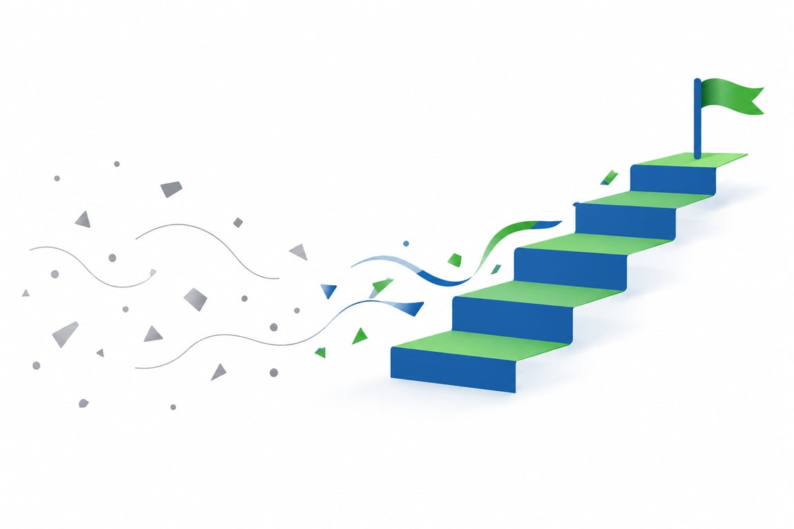 Abstrakte Illustration: blau-grüne Treppe mit einer kleinen Fahne auf der obersten Stufe