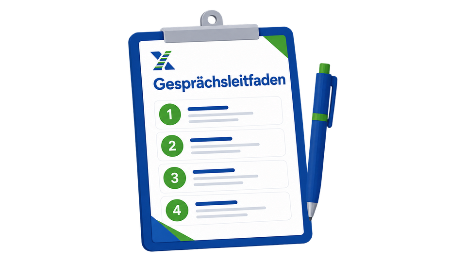 Klemmbrett mit Gesprächsleitfaden in 4 Schritten und Stift