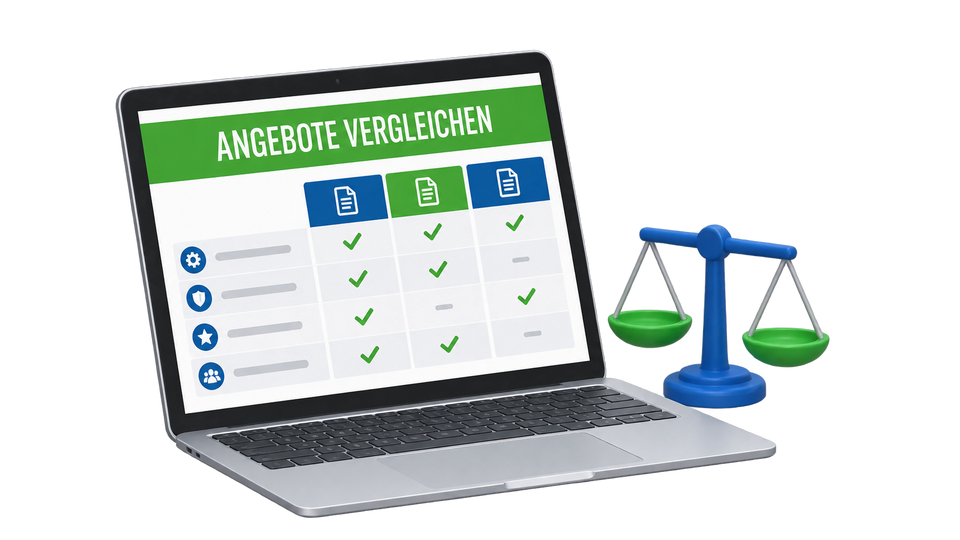 Laptop mit Vergleichstabelle und Waage