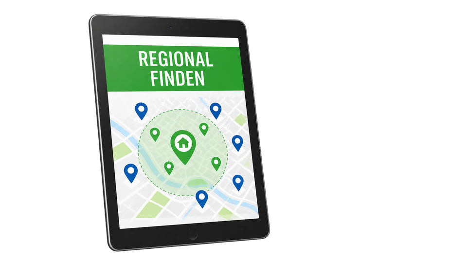 Tablet mit Karte, Standort-Pins und Umkreis