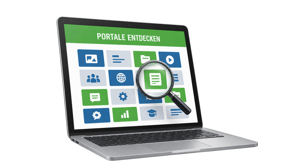 Laptop mit vielen Portal-Kacheln und Lupe