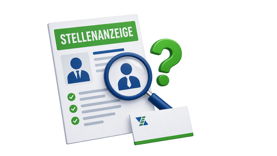 Stellenanzeige unter einer Lupe mit Fragezeichen