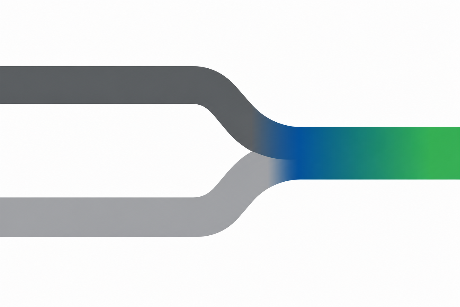 Abstrakte Illustration: zwei parallele graue Bahnen laufen links nebeneinander her und verbinden sich rechts zu einem gemeinsamen Pfad in Blau und Grün, Symbolbild für den gelungenen Übergang in eine neue Branche