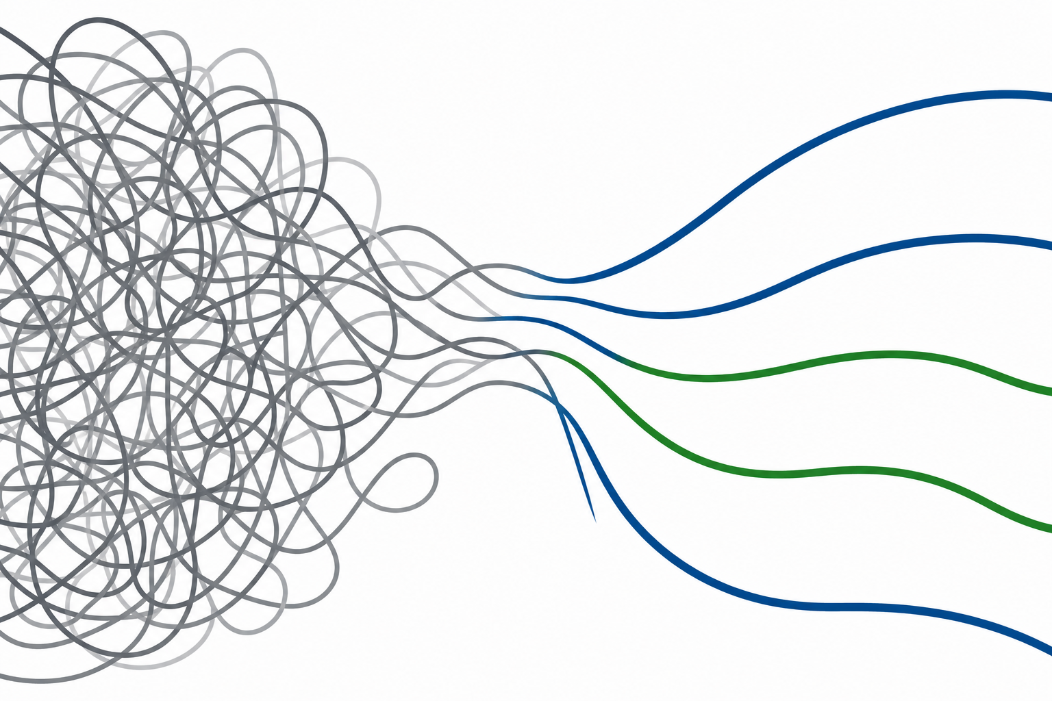 Abstrakte Illustration: dichte, verworrene graue Linien links lösen sich rechts in wenige klare, ruhige Bahnen in Blau und Grün auf, Symbolbild für Entlastung und Klarheit statt Überforderung