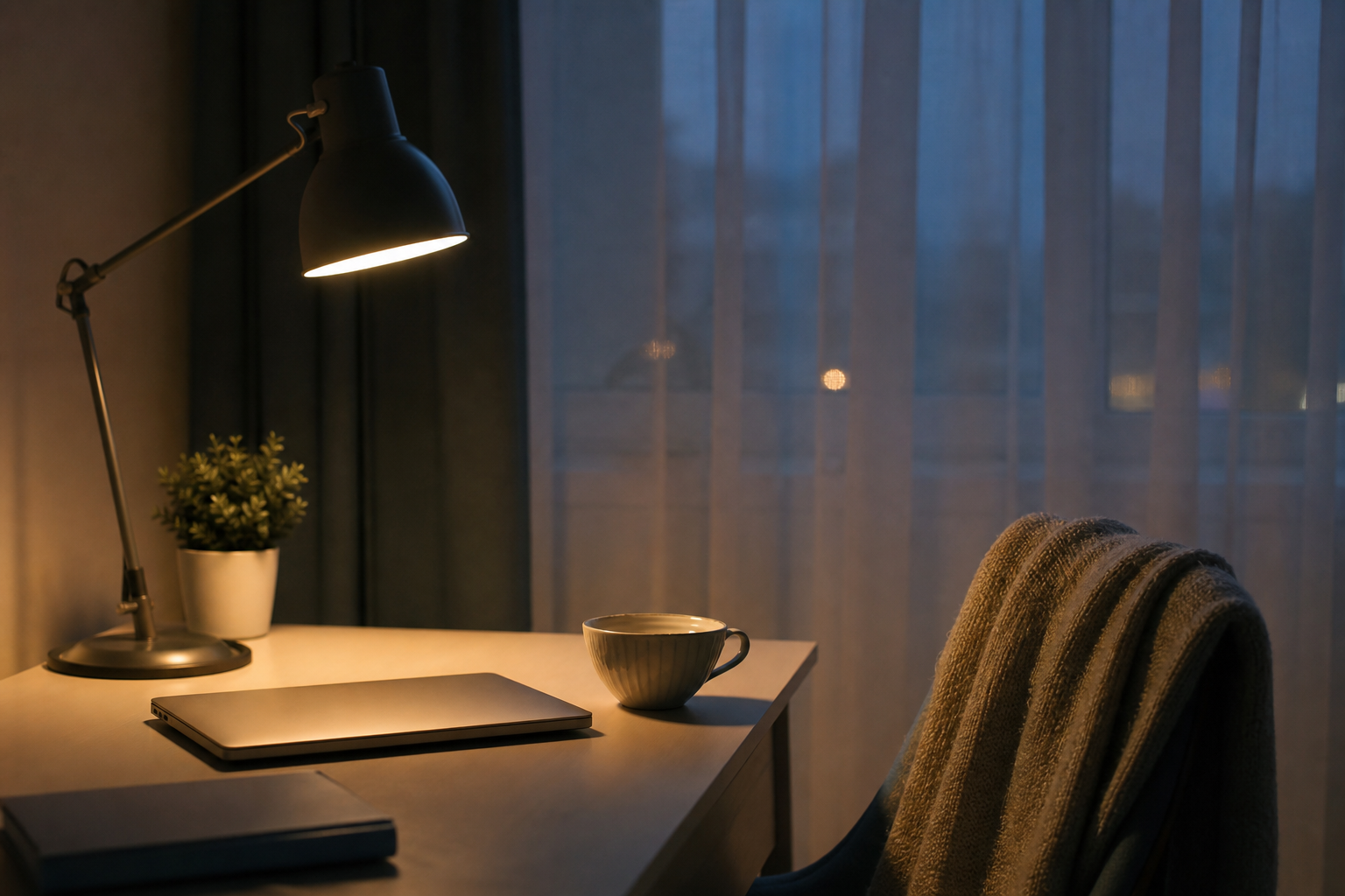 Ein ruhiger Schreibtisch spätabends mit warmer Lampe, geschlossenem Laptop und einer Tasse Tee, eine Decke über der Stuhllehne, Symbolbild für einen erschöpfenden, aber ruhigen Moment vor einer Entscheidung
