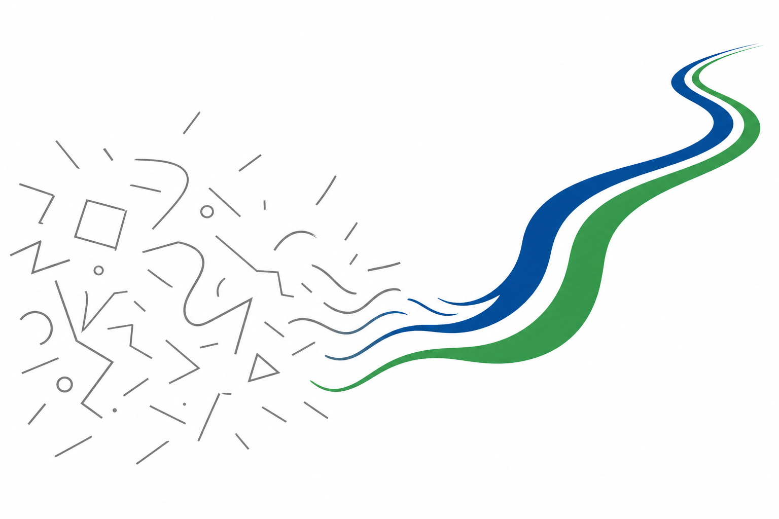 Abstrakte Illustration: verstreute graue Formen links formen rechts einen diskreten, geschwungenen aufsteigenden Pfad in Blau und Grün, Symbolbild für einen vertraulichen strategischen Karriereschritt