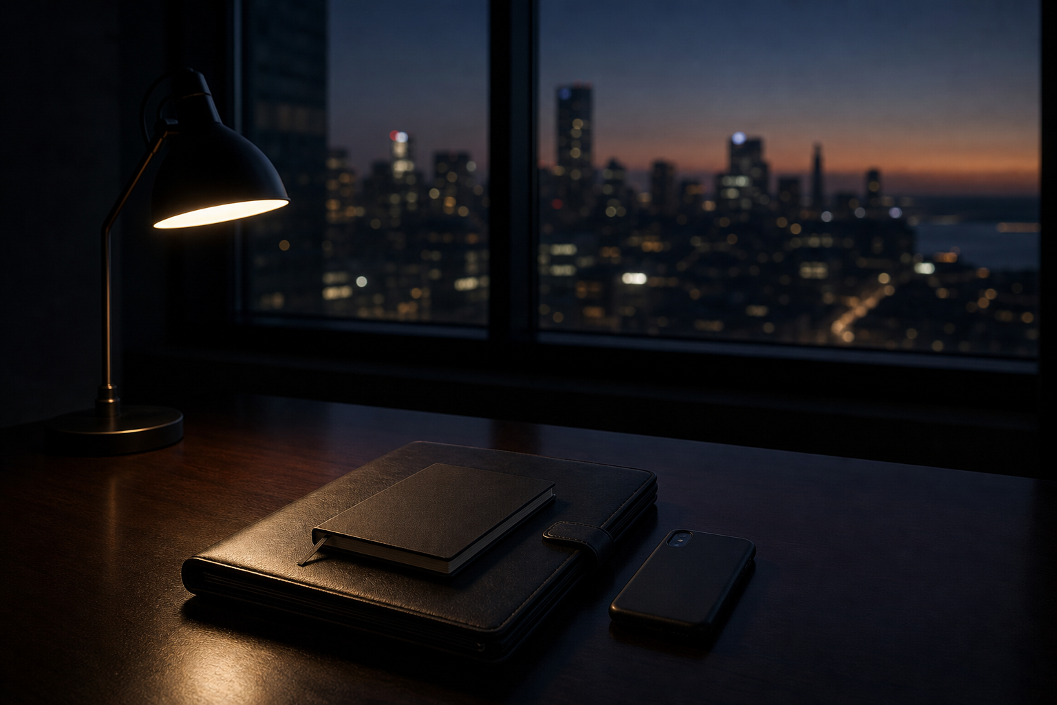 Ein aufgeräumter Schreibtisch am Abend mit geschlossener Ledermappe, gedimmter Lampe und einer Skyline im Hintergrund, Symbolbild für den ruhigen, vertraulichen Moment vor einem strategischen Wechsel