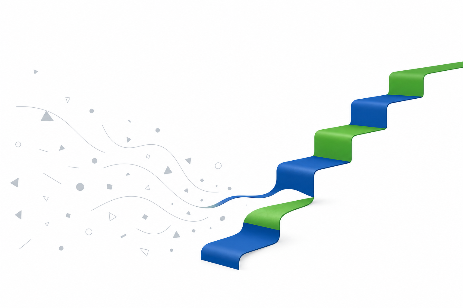Abstrakte Illustration: verstreute graue Formen links formen rechts eine klare, ansteigende Treppe in Blau und Grün, Symbolbild für konkrete nächste Schritte nach der Kündigung