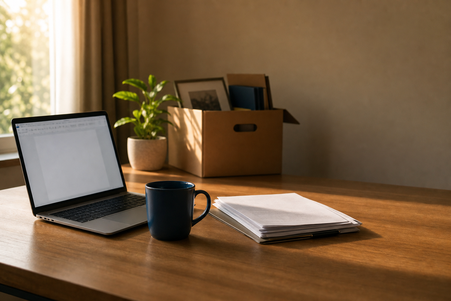 Ein aufgeräumter Schreibtisch am Abend: geöffneter Laptop, eine Tasse, ein Stapel Papiere, im Hintergrund ein halb gepackter Umzugskarton, Symbolbild für den ruhigen Moment nach dem Ausstieg aus dem bisherigen Unternehmen