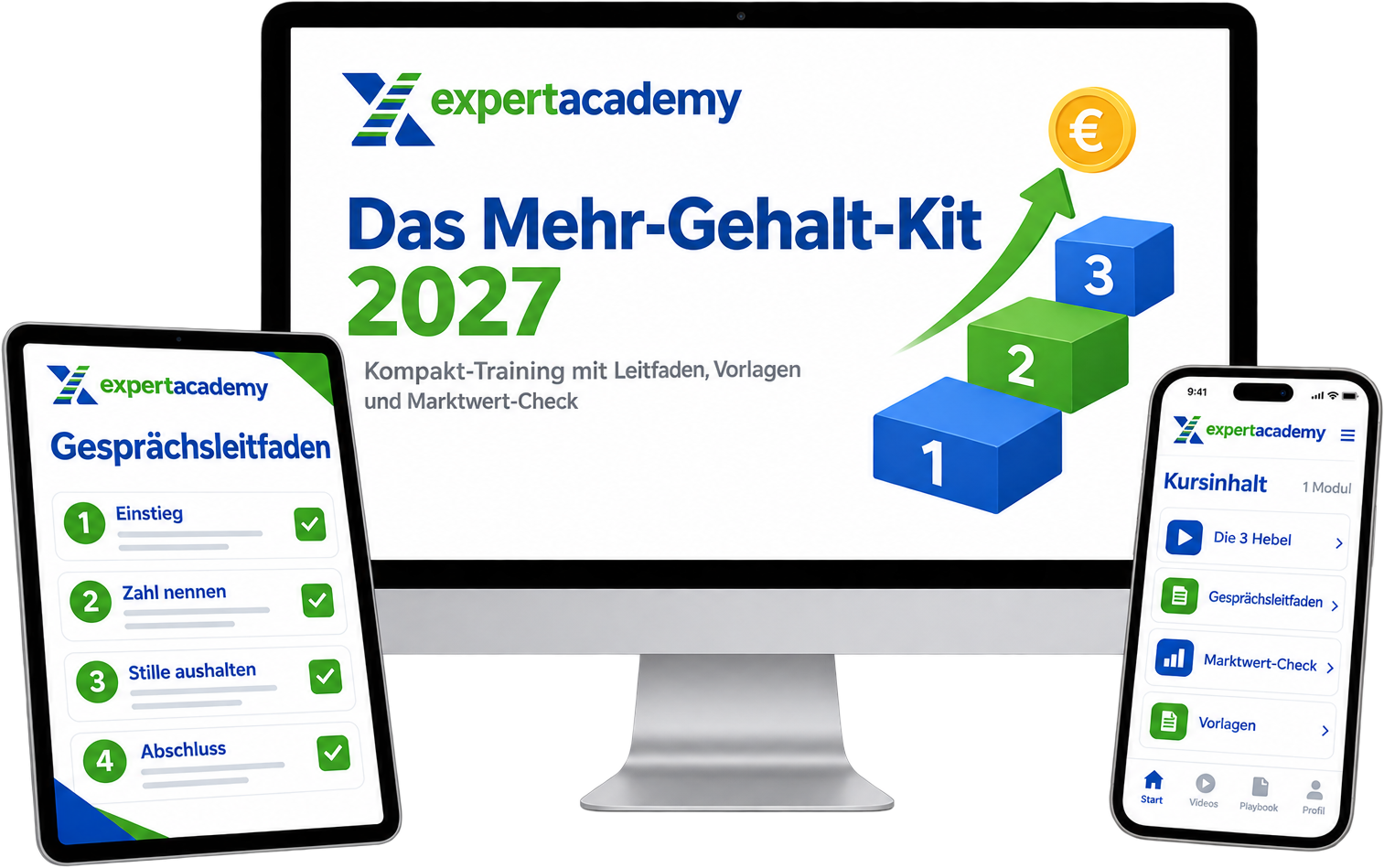 Das Mehr-Gehalt-Kit 2027 auf Bildschirm, Tablet und Smartphone