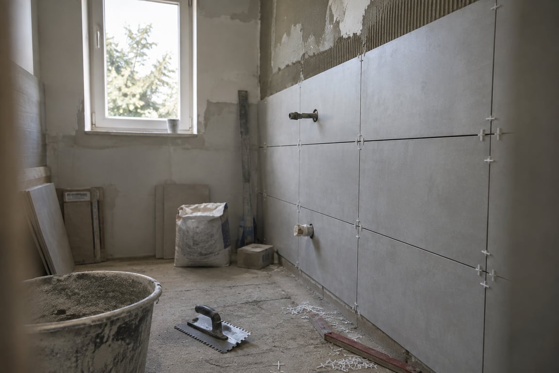 Bad mitten in der Sanierung mit halb verfliester Wand und Werkzeug auf dem Boden