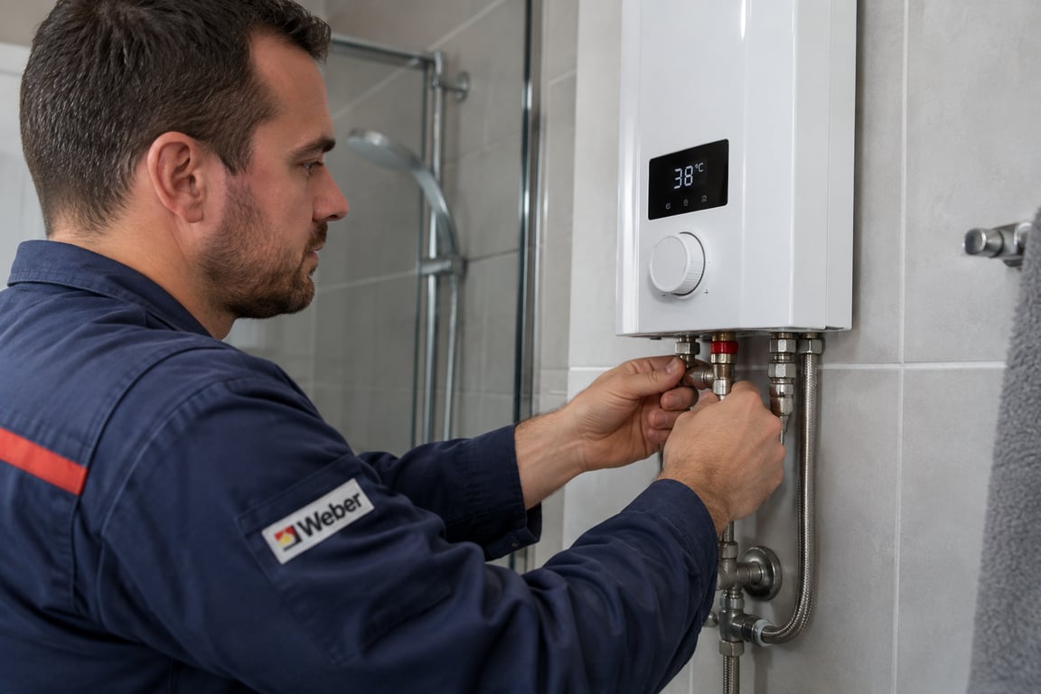 Heizungstechniker mit Weber-Logo-Patch installiert einen elektronischen Durchlauferhitzer an der Wand