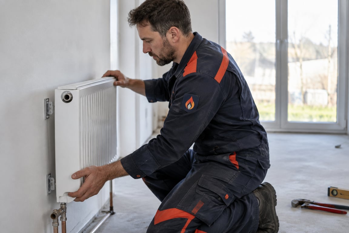 Heizungstechniker montiert einen modernen weißen Heizkörper an der Wand