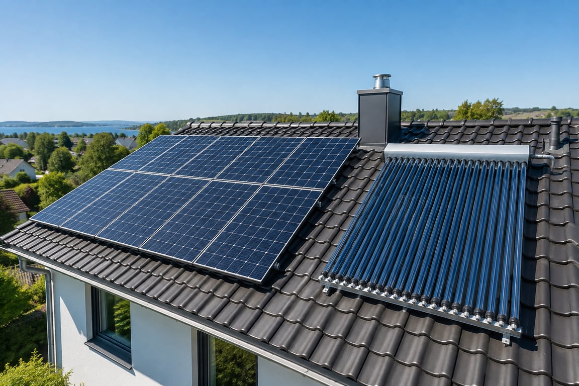 Luftaufnahme eines Hausdachs mit Photovoltaik-Modulen und Solarthermie-Röhrenkollektoren nebeneinander