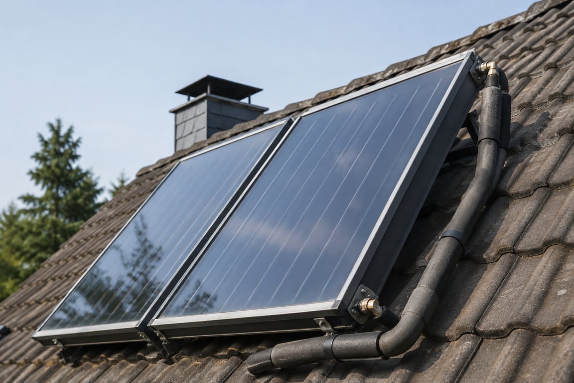 Nahaufnahme von Solarthermie-Kollektoren mit Anschlussrohren auf einem Ziegeldach
