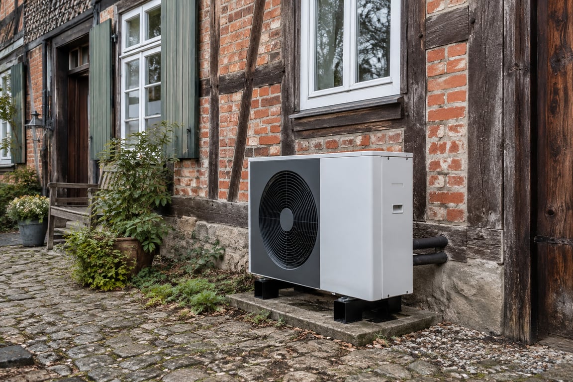Moderne Wärmepumpen-Außeneinheit an der Fassade eines historischen Fachwerkhauses mit Klinkermauerwerk