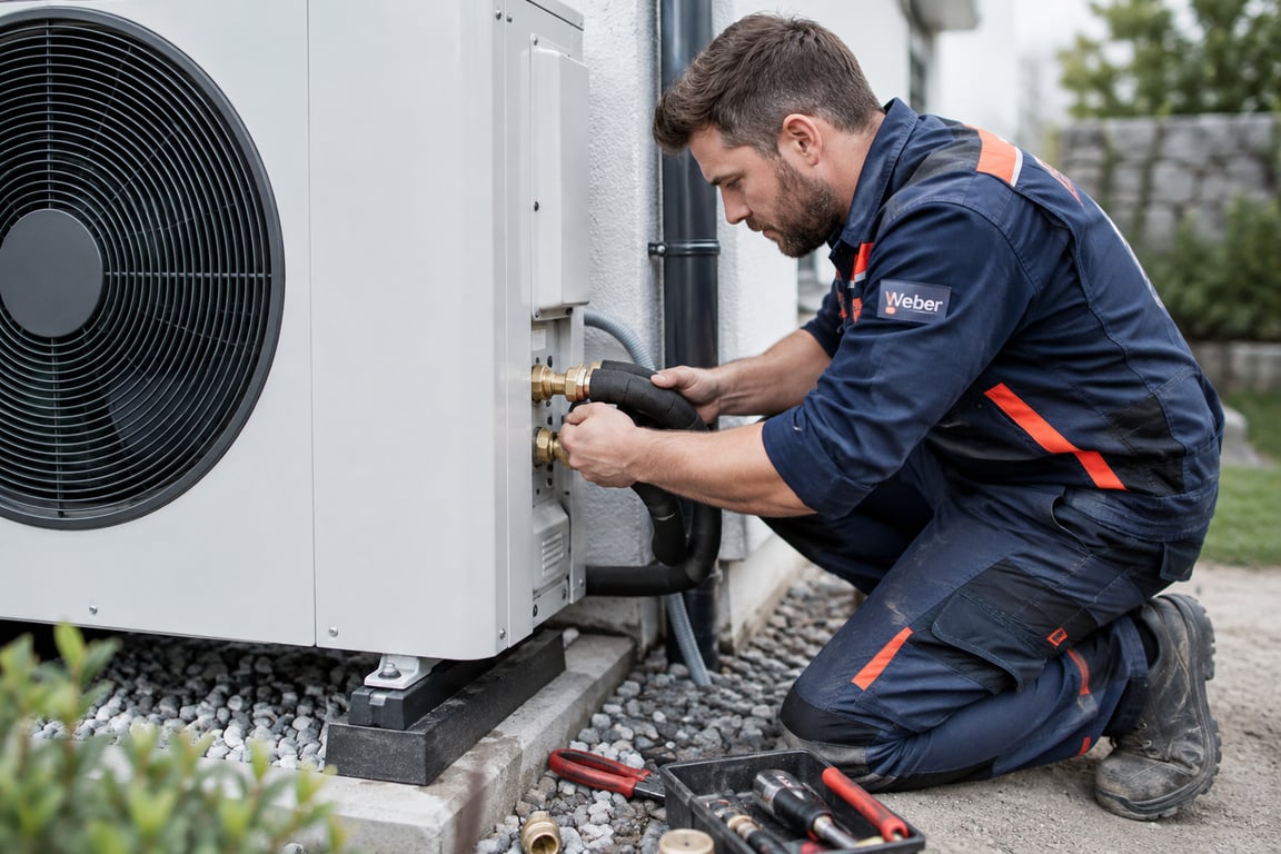 Heizungstechniker mit Weber-Logo-Patch montiert die Anschlüsse einer Wärmepumpen-Außeneinheit