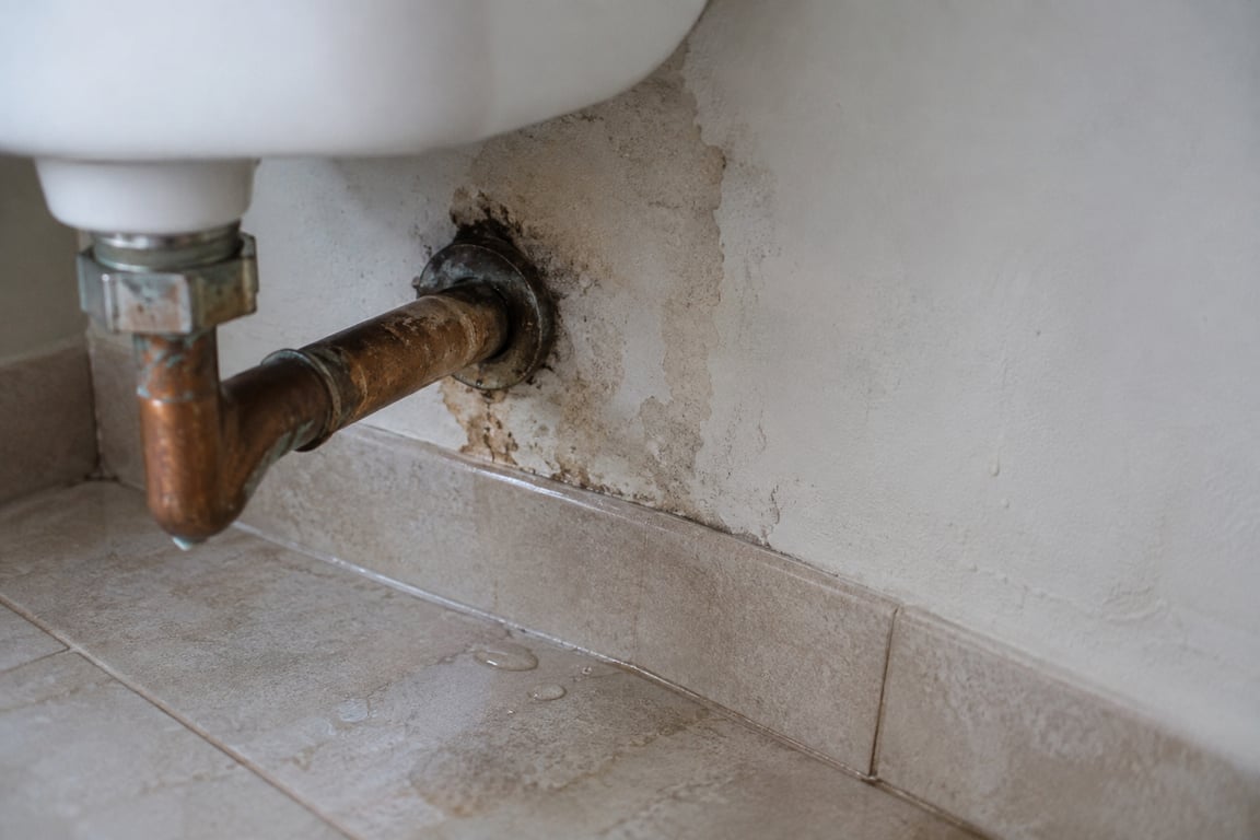 Nahaufnahme eines undichten Rohranschlusses unter einem Waschbecken mit Wasserflecken an der Wand
