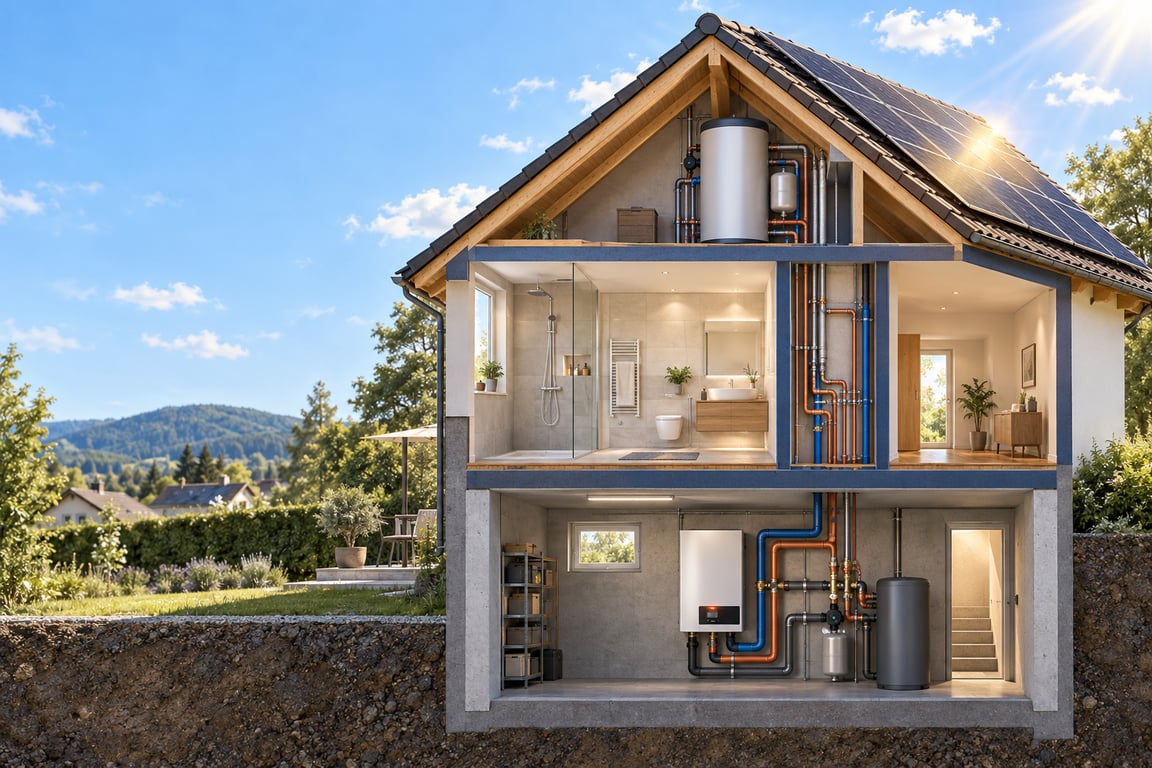 Schematischer Querschnitt eines Einfamilienhauses: Solarmodule auf dem Dach, Warmwasserspeicher im Dachboden, modernes Bad mit sichtbarer Leitungsführung und Heizungsanlage im Keller