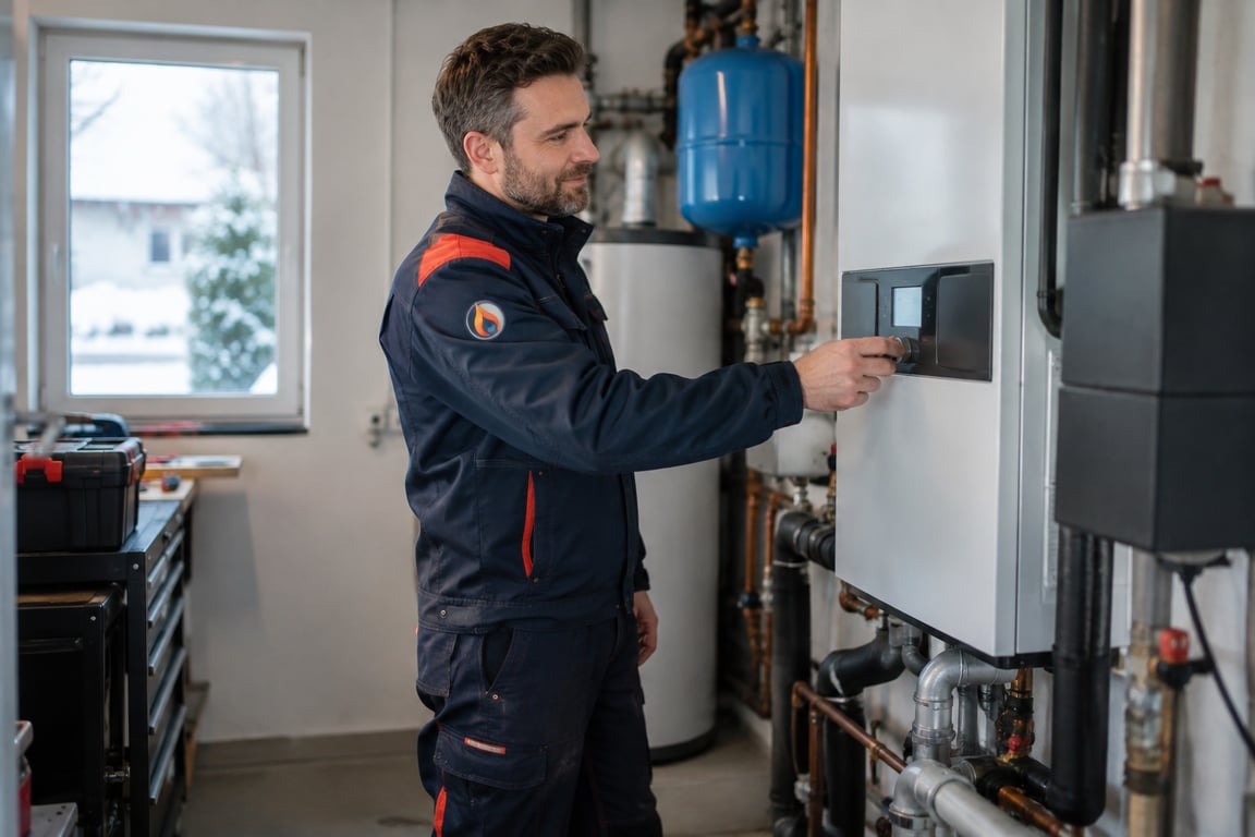 Heizungstechniker stellt die Regelung einer modernen Heizungsanlage im Hauswirtschaftsraum ein