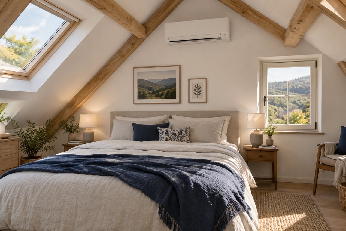 Helles Dachgeschoss-Schlafzimmer mit Holzbalken und einem weißen Split-Klimagerät an der Giebelwand