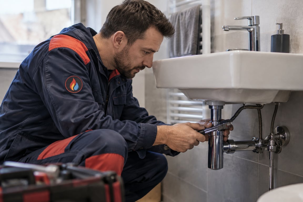 Techniker installiert einen Wasseranschluss unter einem Badezimmerwaschbecken