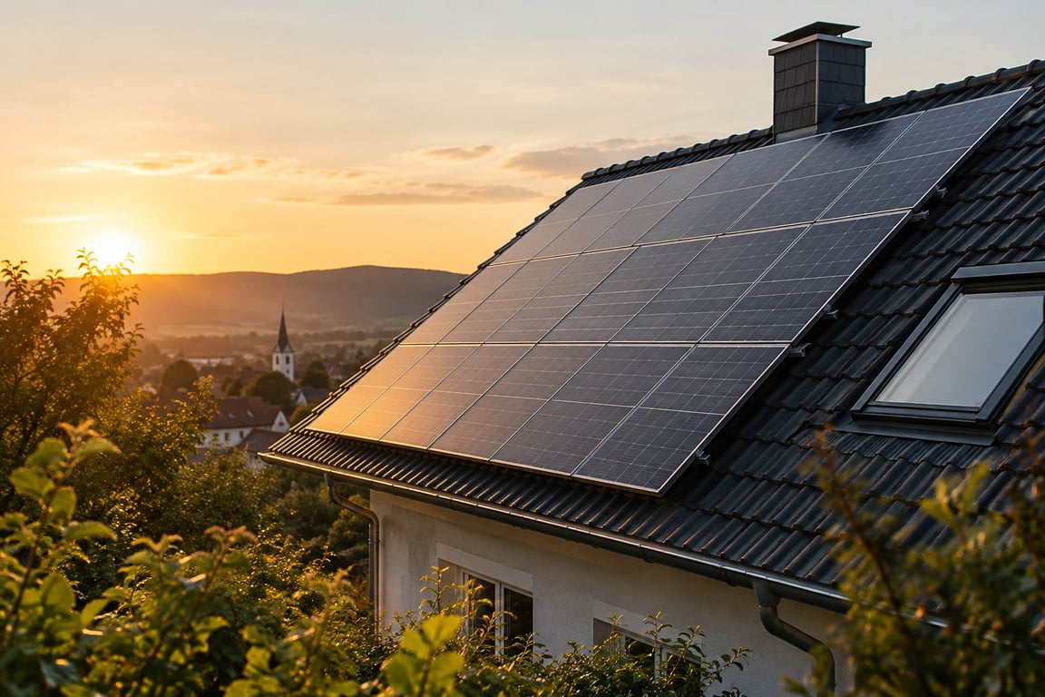 Einfamilienhaus mit Photovoltaikanlage auf dem Dach im goldenen Abendlicht