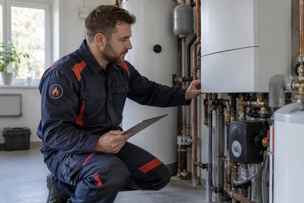Heizungstechniker prüft mit einer Checkliste eine Heizungsanlage bei der Wartung