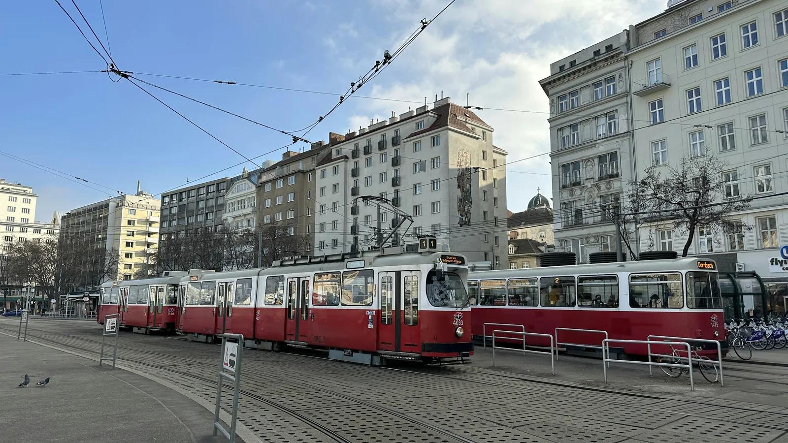 Rot-weiße Straßenbahnen an einer Haltestelle in Wien
