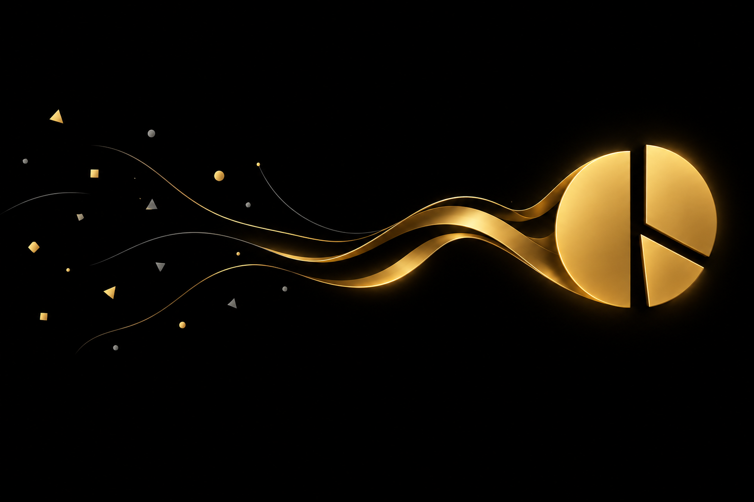 Abstrakte Illustration: verstreute Splitter auf schwarzem Grund fließen als goldene Bänder zu einem goldenen Kreis, der in drei unterschiedlich große Teile geteilt ist, Symbolbild für die 50-30-20-Regel