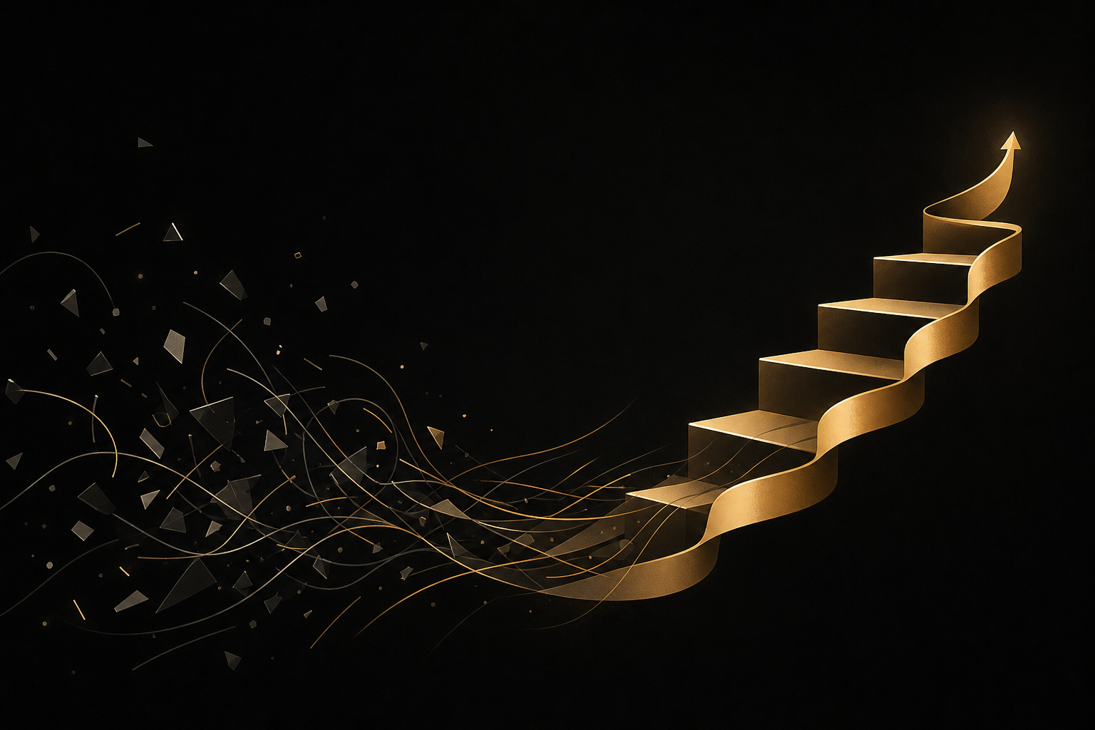 Abstrakte Illustration: verstreute graue Splitter lösen sich auf und formen eine goldene, nach oben führende Treppe mit Pfeilspitze, Symbolbild für den Schritt-für-Schritt-Einstieg ins Affiliate Marketing