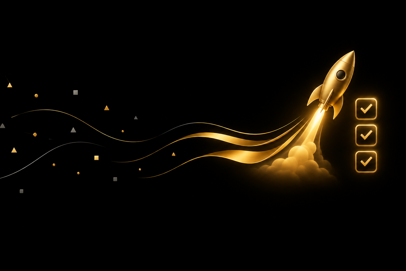 Abstrakte Illustration: auf schwarzem Grund steigt eine goldene Rakete auf, daneben eine goldene Liste mit Haken, Symbolbild für eine Checkliste zum Affiliate-Launch