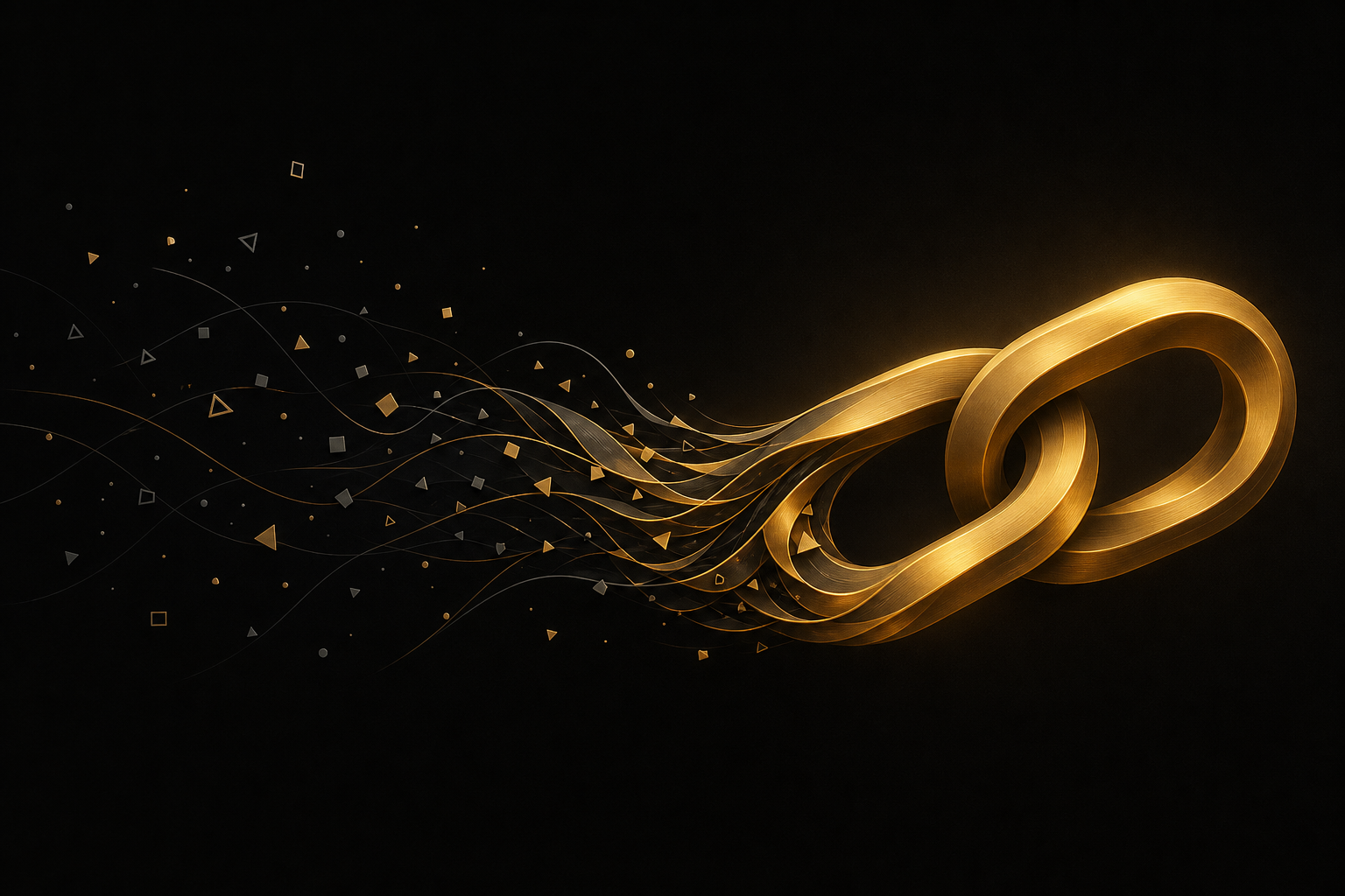 Abstrakte Illustration: verstreute graue Splitter auf schwarzem Grund fließen zu zwei ineinandergreifenden goldenen Kettengliedern, Symbolbild für einen Affiliate-Link
