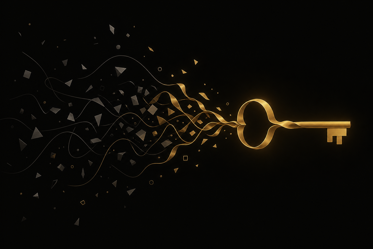 Abstrakte Illustration: verstreute graue Splitter lösen sich auf und formen einen goldenen Schlüssel, Symbolbild für den ersten konkreten Schritt beim Affiliate Marketing