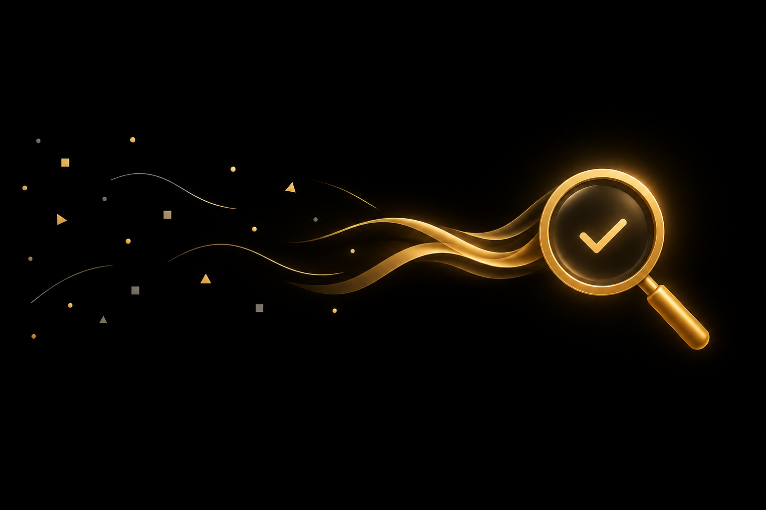 Abstrakte Illustration: verstreute Splitter auf schwarzem Grund fließen als goldene Bänder zu einer goldenen Lupe mit Haken im Glas, Symbolbild für die Prüfung von Affiliate-Produkten