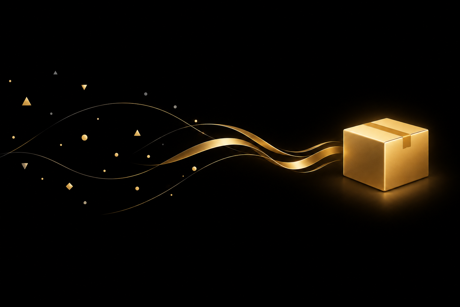 Abstrakte Illustration: verstreute Splitter auf schwarzem Grund fließen als goldene Bänder zu einem goldenen Paket, Symbolbild für das Amazon Partnerprogramm