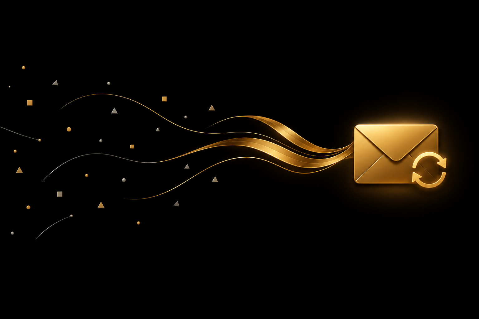 Abstrakte Illustration: verstreute Splitter auf schwarzem Grund fließen als goldene Bänder zu einem goldenen Briefumschlag mit Kreispfeil, Symbolbild für einen Autoresponder