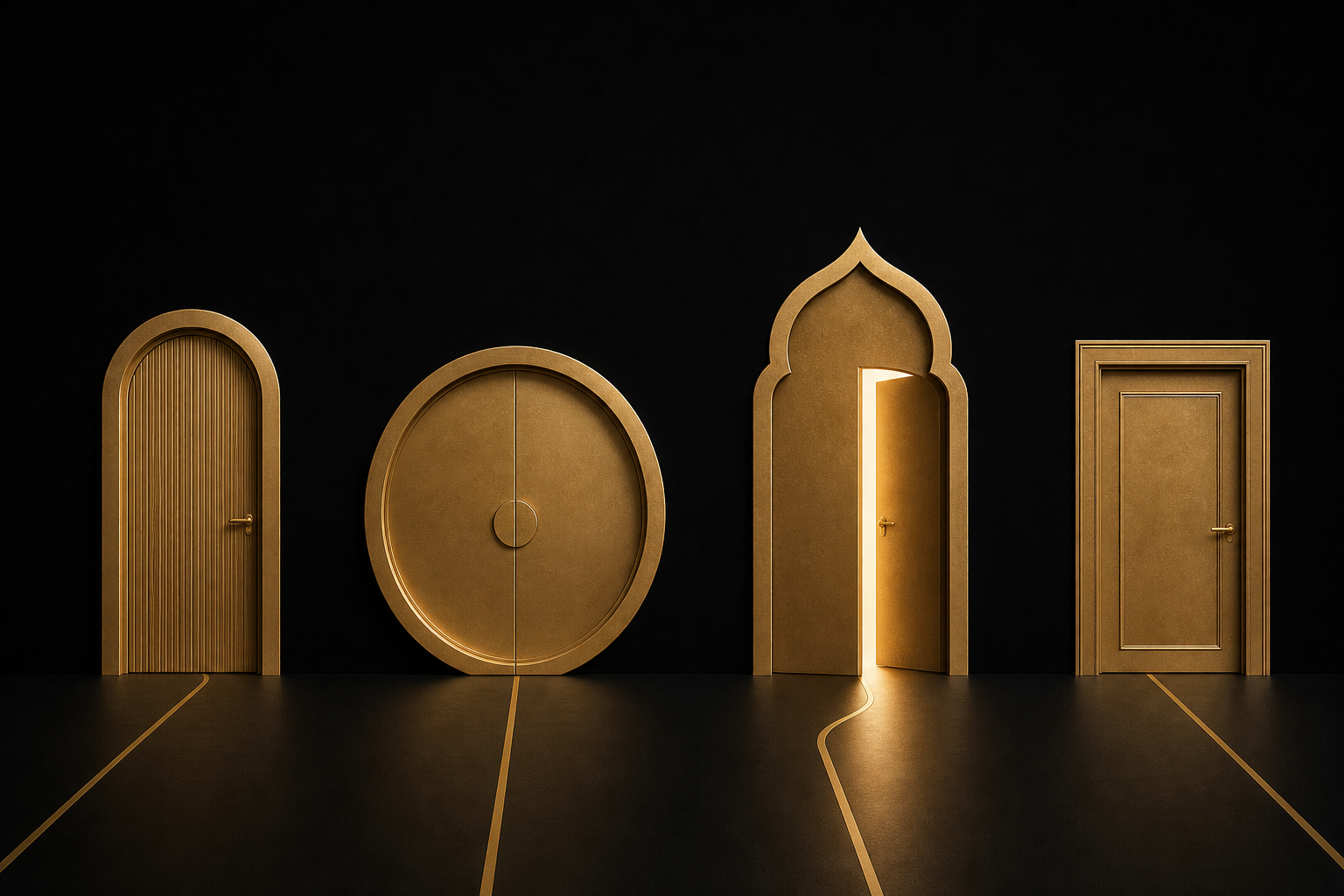 Abstrakte Illustration: vier goldene Türen nebeneinander, eine steht offen, Symbolbild für die Wahl des passenden Partnerprogramms