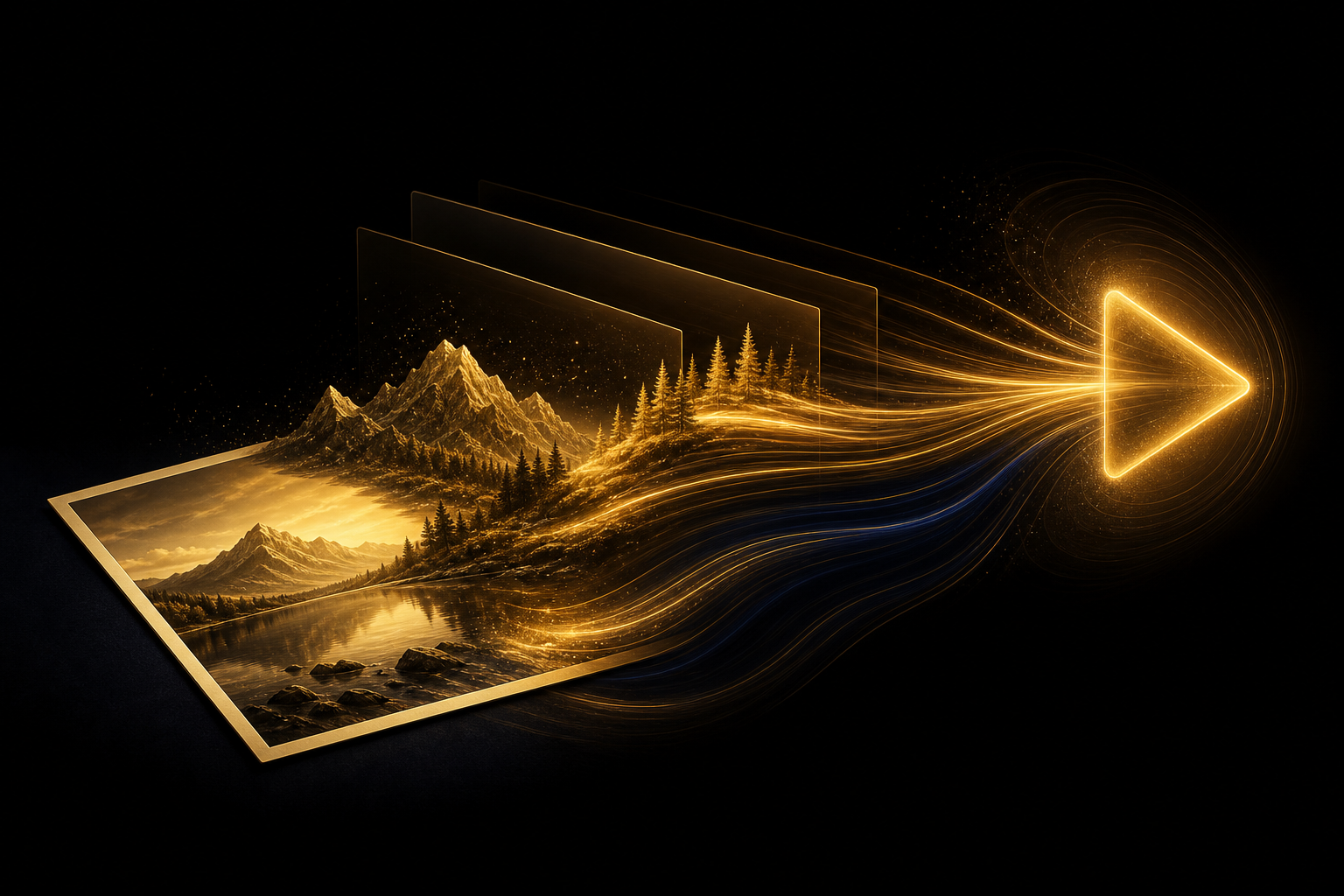 Abstrakte Illustration: ein goldenes Landschaftsfoto hebt sich in Ebenen ab und fließt als Lichtspur zu einem leuchtenden Play-Symbol, Symbolbild für Bild zu Video mit KI