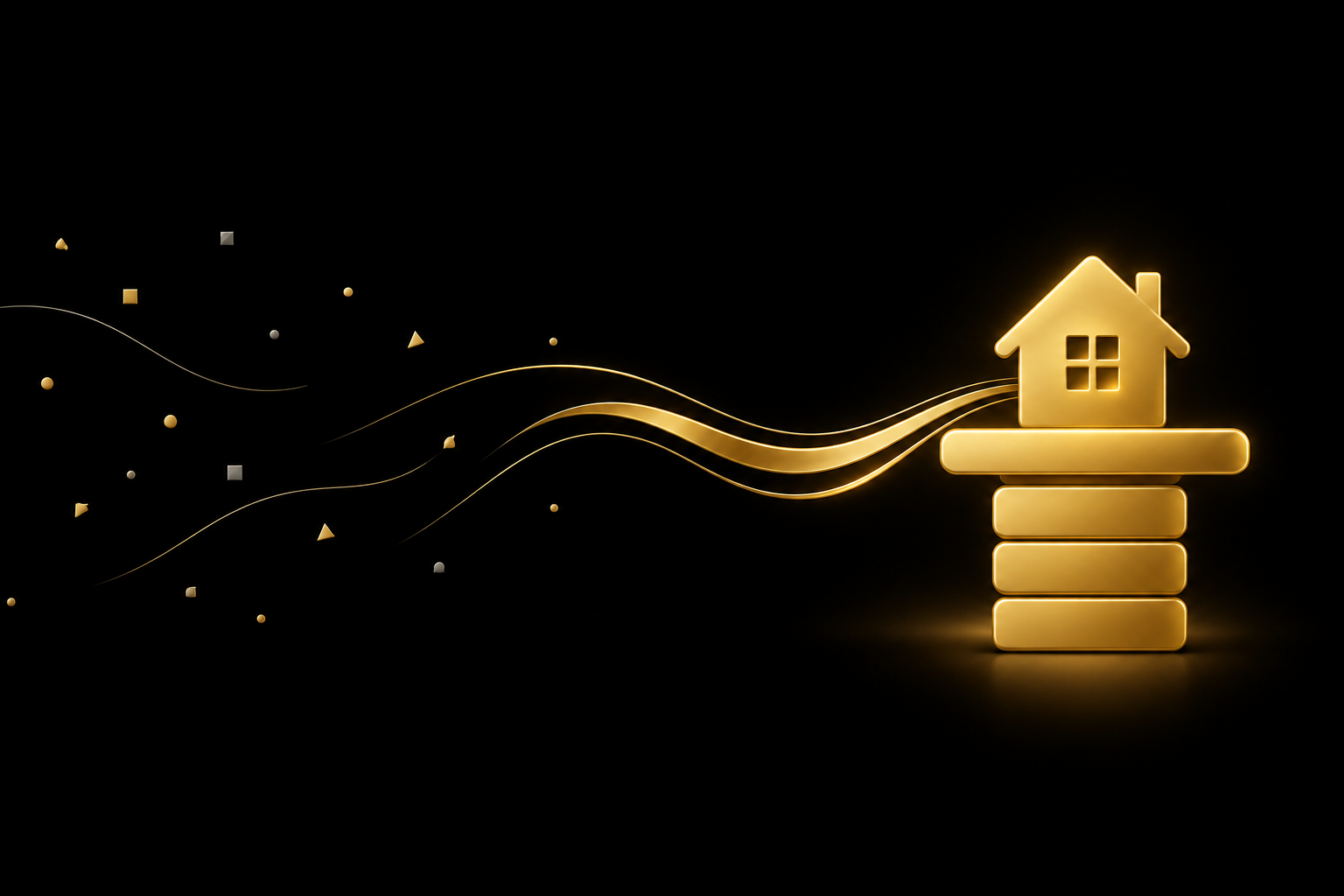 Abstrakte Illustration: ein goldenes Haus-Symbol sitzt auf schwarzem Grund auf einer goldenen Adressleiste über drei gestapelten goldenen Bausteinen, Symbolbild für einen eigenen Blog