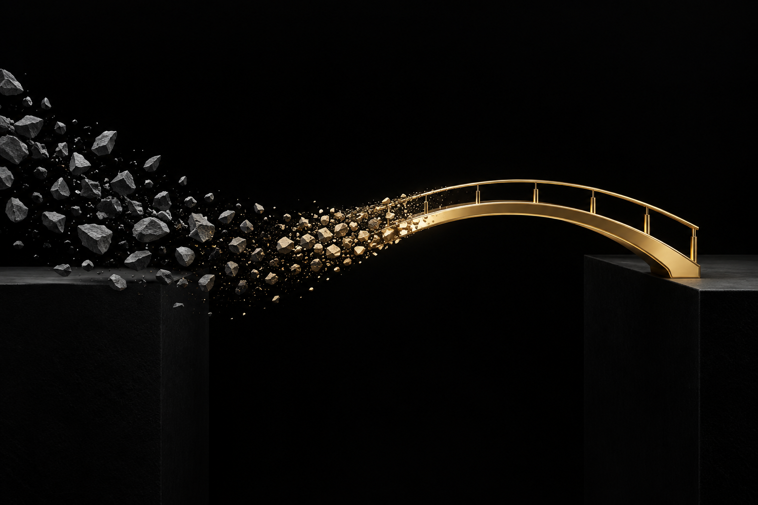 Abstrakte Illustration: graue Splitter auf schwarzem Grund werden zu einer goldenen Bogenbrücke über einer Lücke, Symbolbild für eine Bridgepage