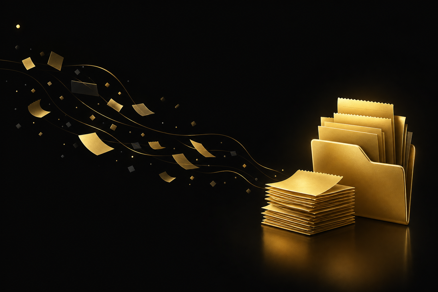 Abstrakte Illustration: verstreute goldene Papierschnipsel auf schwarzem Grund fließen in einen ordentlichen Stapel Belege und einen goldenen Ordner, Symbolbild für Buchhaltung