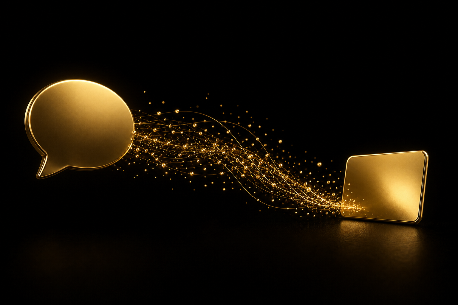Abstrakte Illustration: aus einer goldenen Sprechblase fließt ein Strom goldener Lichtpunkte zu einer goldenen Karte, Symbolbild für Werbung in ChatGPT