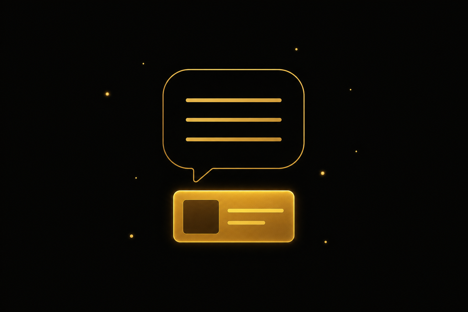 Abstrakte Illustration: eine goldene Sprechblase, darunter eine leuchtende goldene Anzeigenkarte, Symbolbild für Werbung in ChatGPT