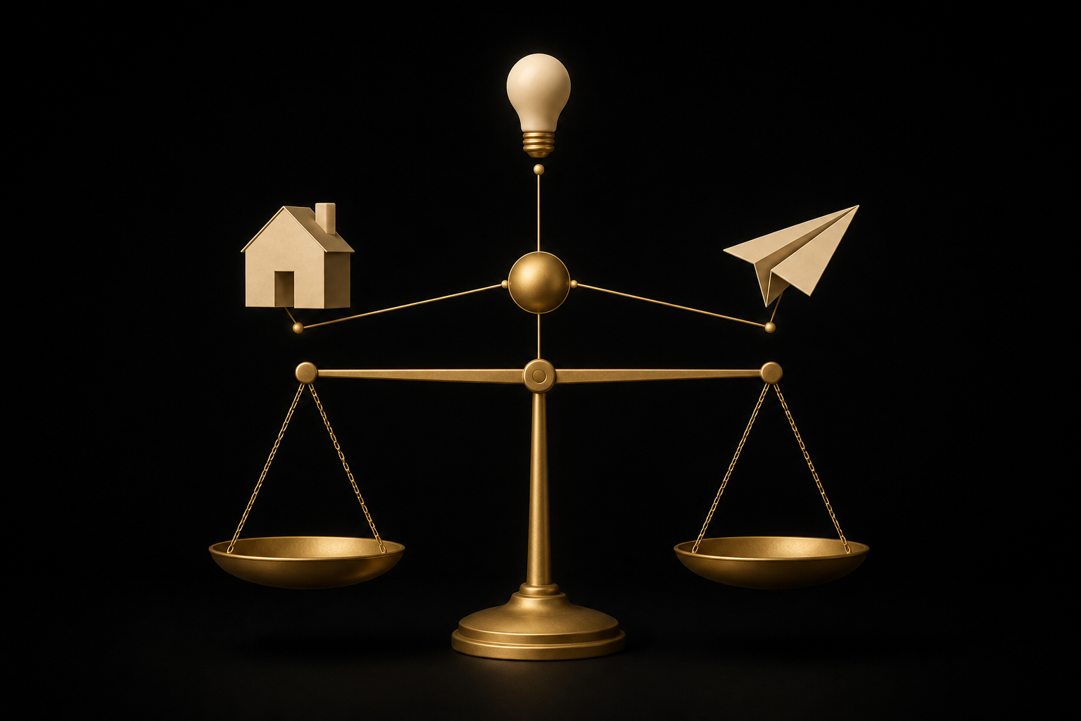 Abstrakte Illustration: eine goldene Waage mit Haus, Glühbirne und Papierflieger, Symbolbild für Vergleiche von Wohnen, Strom und Reisen