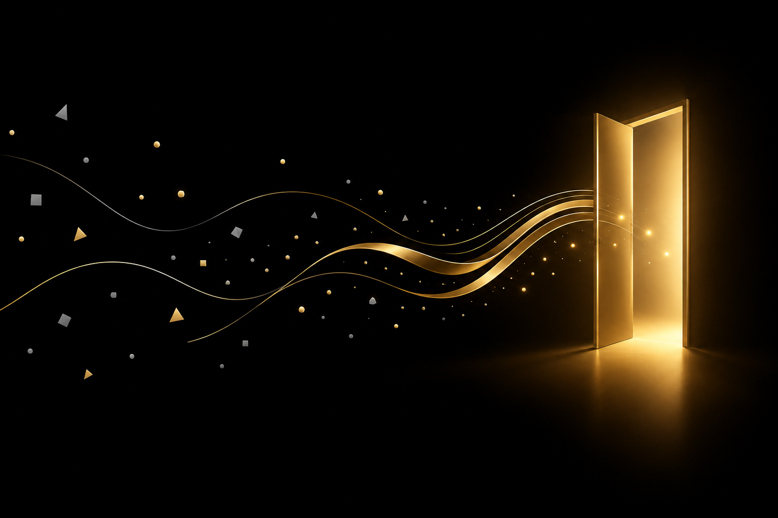 Abstrakte Illustration: verstreute Splitter auf schwarzem Grund fließen als goldene Bänder zu einer leuchtenden goldenen Tür, durch die nur wenige der vielen Punkte gehen, Symbolbild für die Conversion Rate