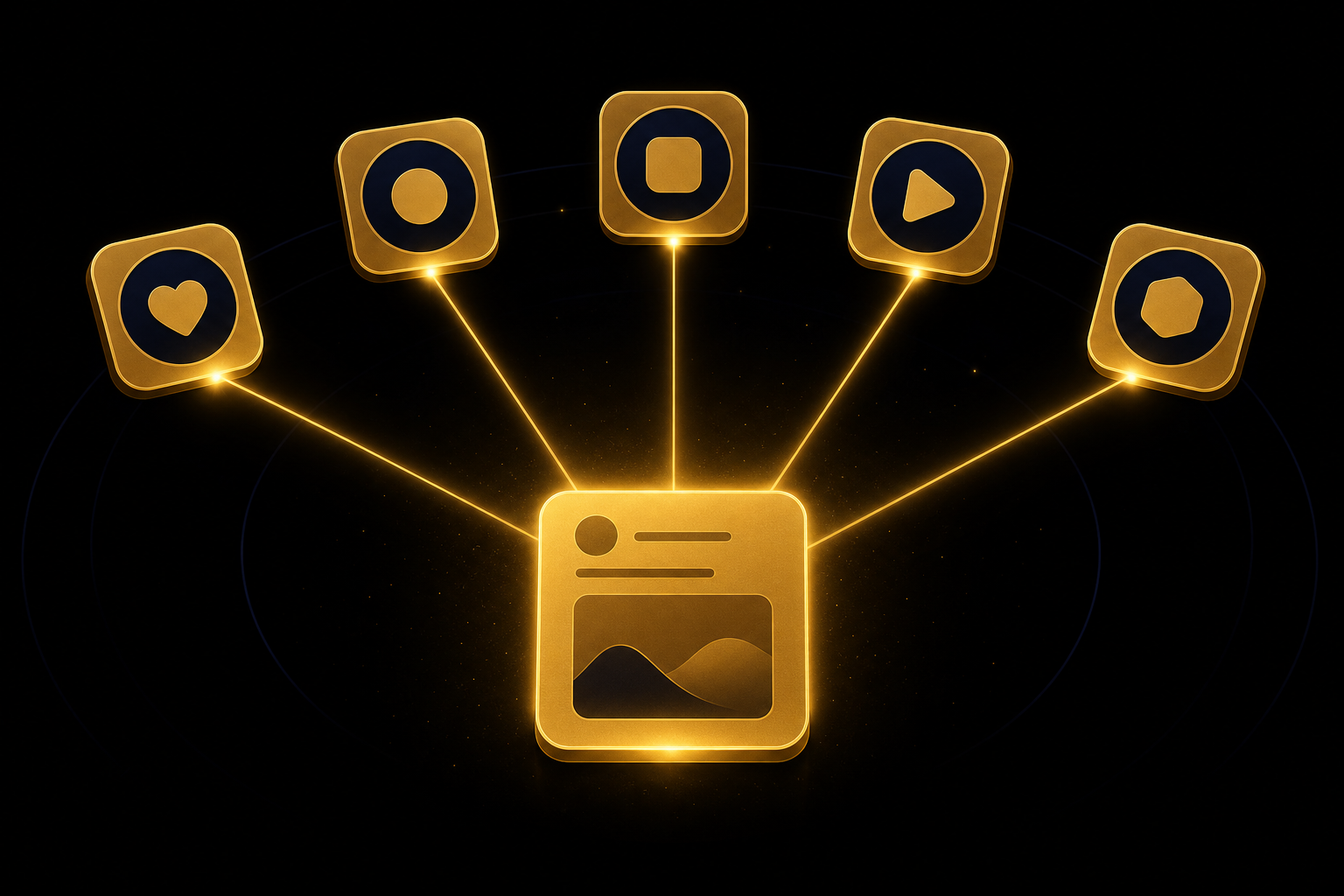 Abstrakte Illustration: eine goldene Beitragskarte auf schwarzem Grund sendet Lichtstrahlen zu fünf goldenen Kacheln, Symbolbild für einen Beitrag auf mehreren Plattformen
